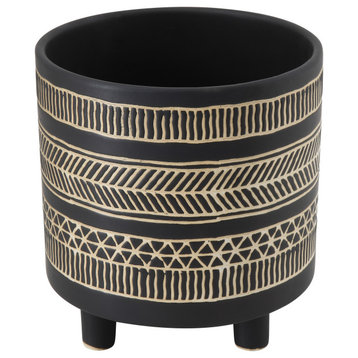 Round Stoneware Flower Pot With Black Pattern