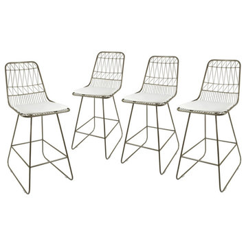 Ella Outdoor Wire Counter Stools with Cushions, Set of 4, Light Brass Finish/Ivory