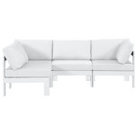 Meridian Furniture - Nizuc Water Resistant Patio L-Shaped Modular Sectional, White, 4-Piece: 2 Armless Chair, 2 Corner Chair, White Aluminum Frame - Pick and choose your favorites from the Nizuc collection to create a modular seating group the whole gang will enjoy. The sturdy aluminum frame provides dependable support for friends and family as they relax and unwind, and the resilient white water resistant fabric stands up to the elements without losing its beautiful demeanor, so you can count on it lasting for the long haul. Latches beneath these seating pieces help you easily attach them to one another for convenient setup.