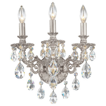 Milano 3-Light Wall Sconce in Antique Silver With Clear Optic Crystal