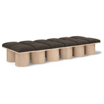 Meridian Furniture - Pavilion Black Boucle Fabric Bench, Brown, Natural Finish, 93" W X 36" D X 17.5" H - Bring valuable seating and remarkable style to your space with this Brown Pavilion boucle fabric bench, an exquisite balance of style and usability for the entryway, bedroom, and beyond. Crafted from oak veneer with a natural finish, this bench has a 4-inch-thick seat cushion that's channel-tufted for a touch of luxury. The bench's columnar bases add a dash of art deco design, making it a captivating focal point in any room.