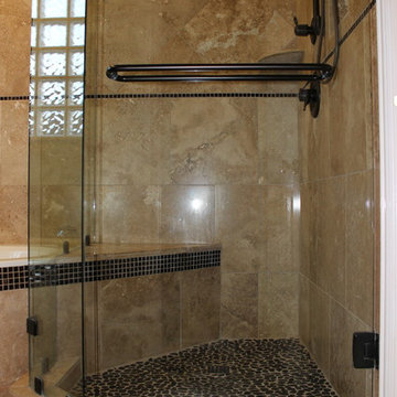Master Bathroom Travertine, Pebble and Glass