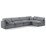 Meridian Furniture - Indulge Upholstered Modular L-Shaped Sectional, Grey, 5-Piece: 3 Armless Chair, 2 Corner Chair, Down Stuffed Velvet - Experience ultimate comfort and style with our grey velvet Indulge Sectional. The luxurious velvet will elevate the aesthetic of any room. This sofa provides ample space for you to relax while its modular build offers the option of unlimited configurations. Whether you're looking to add a stylish element to your living room or a comfortable seating option to your bedroom, this sofa is the perfect choice.