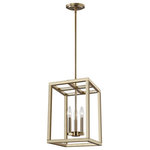 Generation Lighting Collection - Moffet Street Small 3-Light Hall/Foyer, Satin Brass - The Moffet Street Collection offers a distinctive take on a rustic theme. Built in broad steel frames with hand-applied finish that mimics natural wood. This combination of rustic and urban fits comfortably in a wide variety of environments. The sharp, squared lines of the frame complement a wide variety of settings. The collection includes eight-light foyer, four-light foyer, one- light wall sconce, and a six-light island fixture. The Moffet Street Collection is available in three beautiful finishes Washed Pine, Brushed Nickel and Satin Bronze All fixtures are California Title 24 compliant and damp rated for use in sheltered, damp environments.