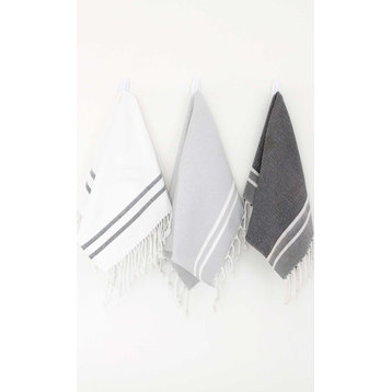 Fouta Hand Towels Herringbone With 2 Stripes, White/Black, Set of 2
