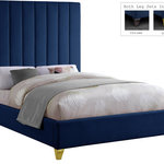 Meridian Furniture - Via Velvet Upholstered Bed, Navy, Full - Take the look of your bedroom to new decorative heights with this ultra-modern Via upholstered full bed. Rich navy velvet upholstery gives this bed a true upscale feel and epitomizes fine living while channel tufting along the headboard keeps the padded material inside plump and it also cradles your body while you sit up in bed to watch TV or read. Metal legs bring this platform bed up off the floor, allowing clearance below for cleaning and adding to its svelte contemporary profile.