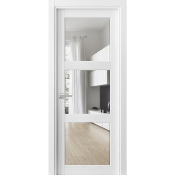 Solid French Door Clear Glass 3 Lites 36 x 96, Lucia 2555 Matte White