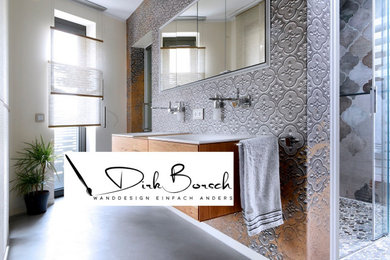 Photo of an expansive modern master wet room bathroom in Cologne with flat-panel cabinets, medium wood cabinets, white walls, concrete floors, an integrated sink, wood benchtops, grey floor, a sliding shower screen, brown benchtops, a niche, a double vanity, a floating vanity, wallpaper and wallpaper.