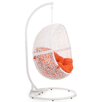 Modern Outdoor Shore Swing Chair with Stand - White Basket with Orange Cushion