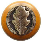 Notting Hill Decorative Hardware - Oak Leaf Wood Knob, Antique Brass, Maple Wood Finish, Antique Brass - Projection: 1-1/8"