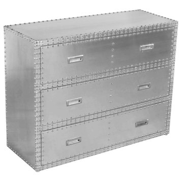 Pilot 3-Drawer Chest with Silver Aluminum Cladding and Decorative Nails