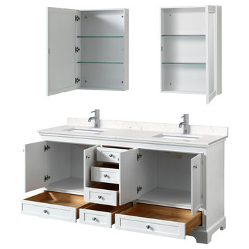 Deborah 72" Double Vanity, White, Carrara Marble Top, Medicine Cabinets