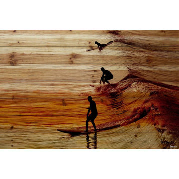 "Surfing the Wave" Print on Natural Pine Wood, 45"x30"