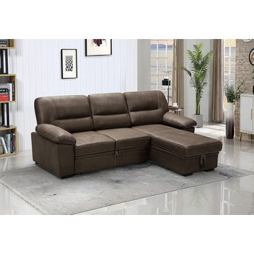 Reversible Sleeper Sectional Sofa, Microfiber Seat With Storage Chaise, Brown