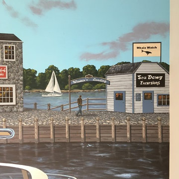 New England Harbor Town Mural, hand painted throughout a lower level