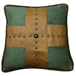 Paseo Road by HiEnd Accents - Studded Cross Pillow, 18"X18" - This Las Cruses decorative toss pillow features a beautifully embroidered turquoise cross of faux tan leather, accented with gold studs and fringe.