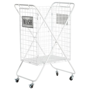 Zimlay White Metal Laundry Basket With Wheels and Decorative Wash Sign 53636