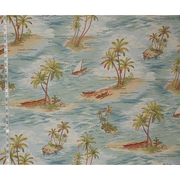 Retro Tropical Ocean Fabric Hawaiian Islands Boat Caribbean, Standard Cut