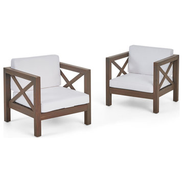 Indira Outdoor Acacia Wood Club Chairs With Cushions, Set of 2, White