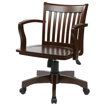 Office Chair, Wooden Seat & Slatted Backrest With Adjustable Height, Espresso