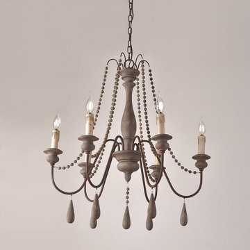 $189.99_French Country Candle-Style 6-Light Wood Bead Swag 1-Tier Wooden Chandel