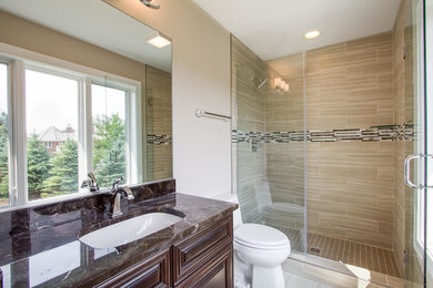 Mid-sized traditional master bathroom in Chicago with raised-panel cabinets, dark wood cabinets, an alcove shower, a one-piece toilet, brown tile, stone tile, beige walls, marble floors, an undermount sink, marble benchtops, beige floor and a hinged shower door.