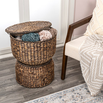 Bhola Hourglass Handwoven Hyacinth Storage Accent Table with Lid, Brown Wash