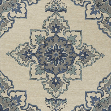 2'X3' Ivory Blue Hand Hooked Floral Medallion Indoor Outdoor Accent Rug