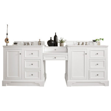94 Inch Double Sink Bathroom Vanity, White, Makeup Table, Solid Surface, Outlets