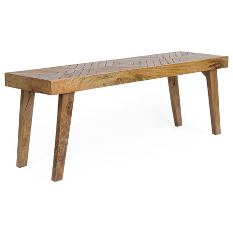 Hawley Handcrafted Rustic Boho Mango Wood Bench, Natural Brown+square Pattern