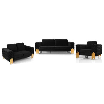 LYNEL Modern Velvet Glam Black and Gold Sofa Set