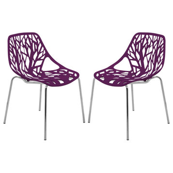 LeisureMod Modern Asbury Dining Side Chair With Chromed Legs in Purple Set of 2
