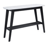StyleCraft - Birchwood 32"H Coffee Table Faux White Marbled Top Black Slatted Lower Shelf - This mid-century style console table is an ideal piece that can be placed in a variety of places, such as under a mounted TV, in an entry way, or behind a couch in the living room. This piece offers extra space with a lower shelf making it perfect for storing baskets, books, or other home decor.
