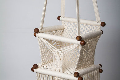 Baby Swing Chair 12" in Macrame. Cotton ropes and Native wood. Fairtrade
