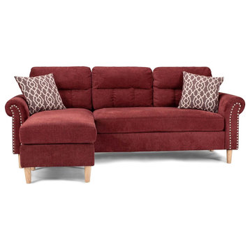 Contemporary Sectional Sofa, Cushioned Seat With Rolled Arms & 2 Pillows, Red