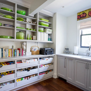 Idée de décoration pour une arrière-cuisine linéaire tradition de taille moyenne avec un évier encastré, un placard à porte affleurante, des portes de placard grises, un plan de travail en marbre, une crédence blanche, un sol en bois foncé, un sol marron, un plan de travail gris et aucun îlot.