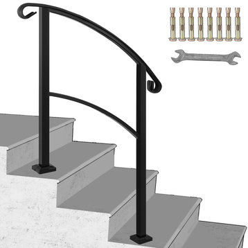 Wrought Iron Handrail Outdoor Stair Rail with Installation Kit, Black, Fit 3 Steps