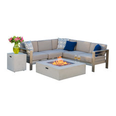 Gdf Studio Crested Bay Outdoor Aluminum Framed Sofa Set With Fire Table Contemporary Outdoor Lounge Sets By Gdfstudio