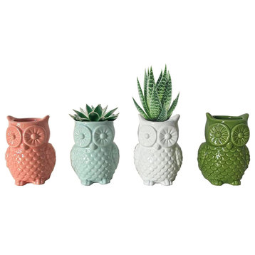 Owl Shaped Vases, 4-Piece Set, Ceramic Owl Succulent Planter Pots