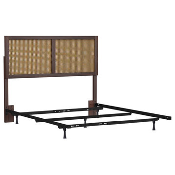Coastal Platform Bed, Wood Frame & Wicker Cane Headboard, Chocolate, Full/Queen