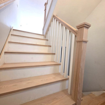 New Red Oak Stair Treads with White Risers and Custom All-Wood Railing