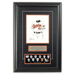 Heritage Sports Art - Original Art of the MLB 2004 Baltimore Orioles Uniform - This beautifully framed piece features an original piece of watercolor artwork glass-framed in an attractive two inch wide black resin frame with a double mat. The outer dimensions of the framed piece are approximately 17" wide x 24.5" high, although the exact size will vary according to the size of the original piece of art. At the core of the framed piece is the actual piece of original artwork as painted by the artist on textured 100% rag, water-marked watercolor paper. In many cases the original artwork has handwritten notes in pencil from the artist. Simply put, this is beautiful, one-of-a-kind artwork. The outer mat is a rich textured black acid-free mat with a decorative inset white v-groove, while the inner mat is a complimentary colored acid-free mat reflecting one of the team's primary colors. The image of this framed piece shows the mat color that we use (Orange). Beneath the artwork is a silver plate with black text describing the original artwork. The text for this piece will read: This original, one-of-a-kind watercolor painting of the 2004 Baltimore Orioles uniform is the original artwork that was used in the creation of this Baltimore Orioles uniform evolution print and tens of thousands of other Baltimore Orioles products that have been sold across North America. This original piece of art was painted by artist Nola McConnan for Maple Leaf Productions Ltd. Beneath the silver plate is a 3" x 9" reproduction of a well known, best-selling print that celebrates the history of the team. The print beautifully illustrates the chronological evolution of the team's uniform and shows you how the original art was used in the creation of this print. If you look closely, you will see that the print features the actual artwork being offered for sale. The piece is framed with an extremely high quality framing glass. We have used this glass style for many years with excellent results. We package every piece very carefully in a double layer of bubble wrap and a rigid double-wall cardboard package to avoid breakage at any point during the shipping process, but if damage does occur, we will gladly repair, replace or refund. Please note that all of our products come with a 90 day 100% satisfaction guarantee. Each framed piece also comes with a two page letter signed by Scott Sillcox describing the history behind the art. If there was an extra-special story about your piece of art, that story will be included in the letter. When you receive your framed piece, you should find the letter lightly attached to the front of the framed piece. If you have any questions, at any time, about the actual artwork or about any of the artist's handwritten notes on the artwork, I would love to tell you about them. After placing your order, please click the "Contact Seller" button to message me and I will tell you everything I can about your original piece of art. The artists and I spent well over ten years of our lives creating these pieces of original artwork, and in many cases there are stories I can tell you about your actual piece of artwork that might add an extra element of interest in your one-of-a-kind purchase.