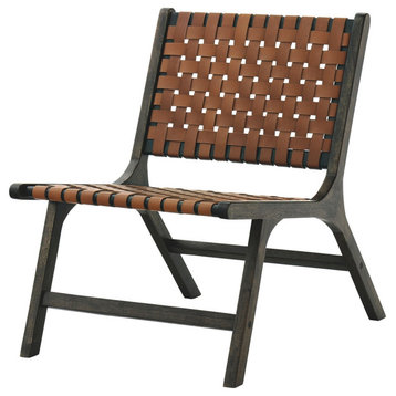 Wooden Frame Accent Chair with Leather Stripe Woven Pattern, Brown