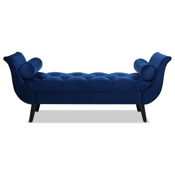 Alma Tufted Flared Arm Entryway Bench with Bolster Pillows, Navy Blue Velvet