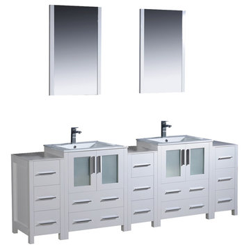 Fresca Torino 84" White Double Sink Vanity, 3 Side Cabinets and Integrated Sinks