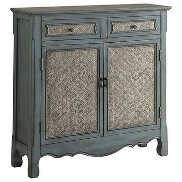 Tall Console Table, 2 Cabinet Doors & 2 Drawers With Floral Front, Antique Blue