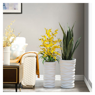 2-Piece White Finish Tall Wavy MgO Planter Set - Transitional