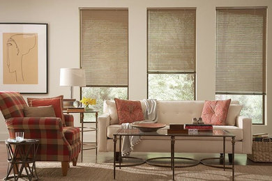 Transitional dark wood floor and brown floor living room photo in Other with no tv and white walls