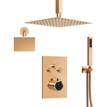 Dual Heads Shower System 12" Rain Shower Head with 3 Way Thermostatic Faucet, Rose Gold