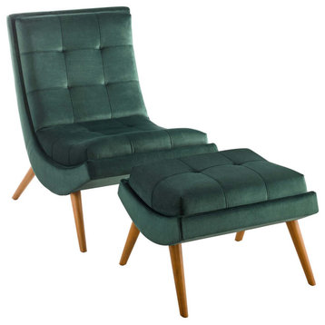 Ramp Upholstered Performance Velvet Lounge Chair and Ottoman Set, Green